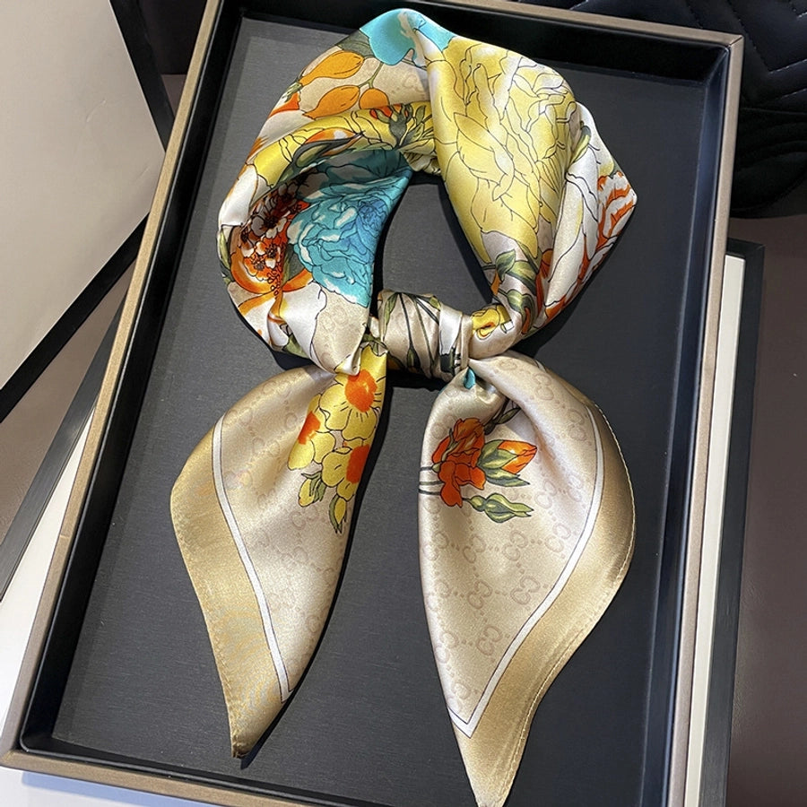 women's elegant simple style flower satin printing silk scarf