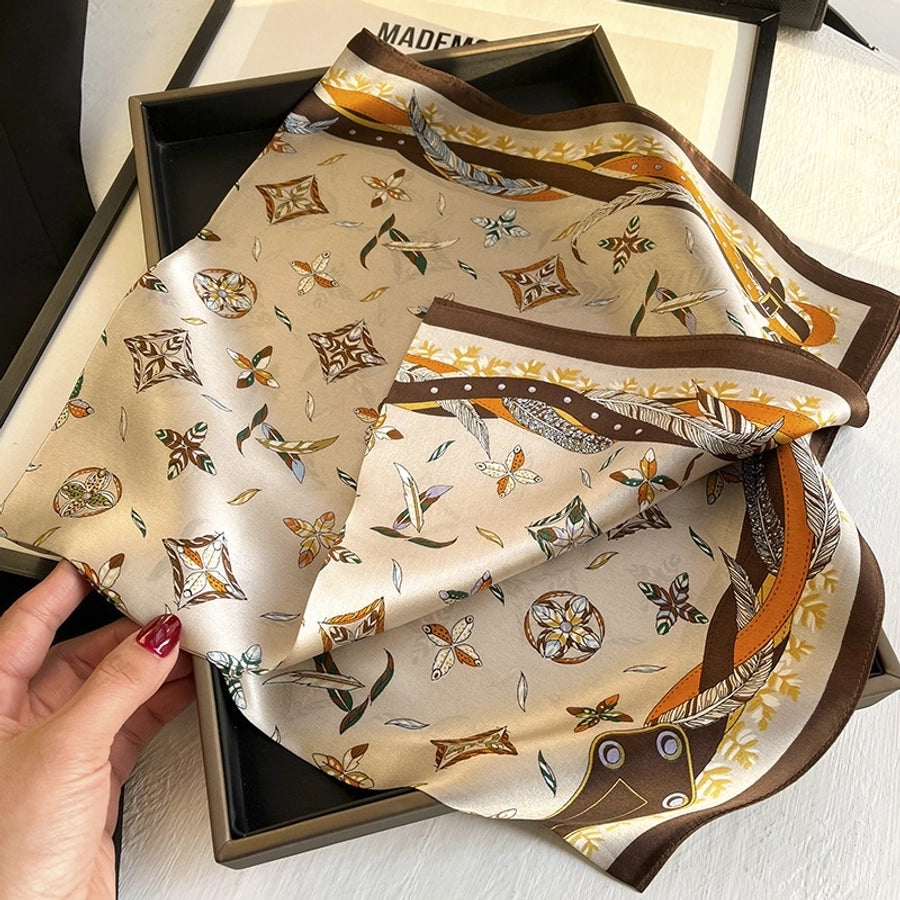 women's elegant simple style flower satin printing silk scarf