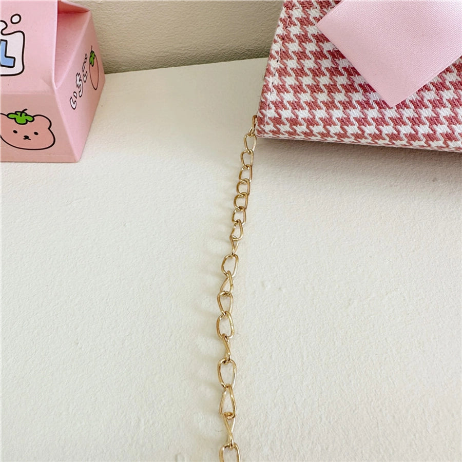 girl's pu leather houndstooth bow knot cute pearls sewing thread square magnetic buckle handbag