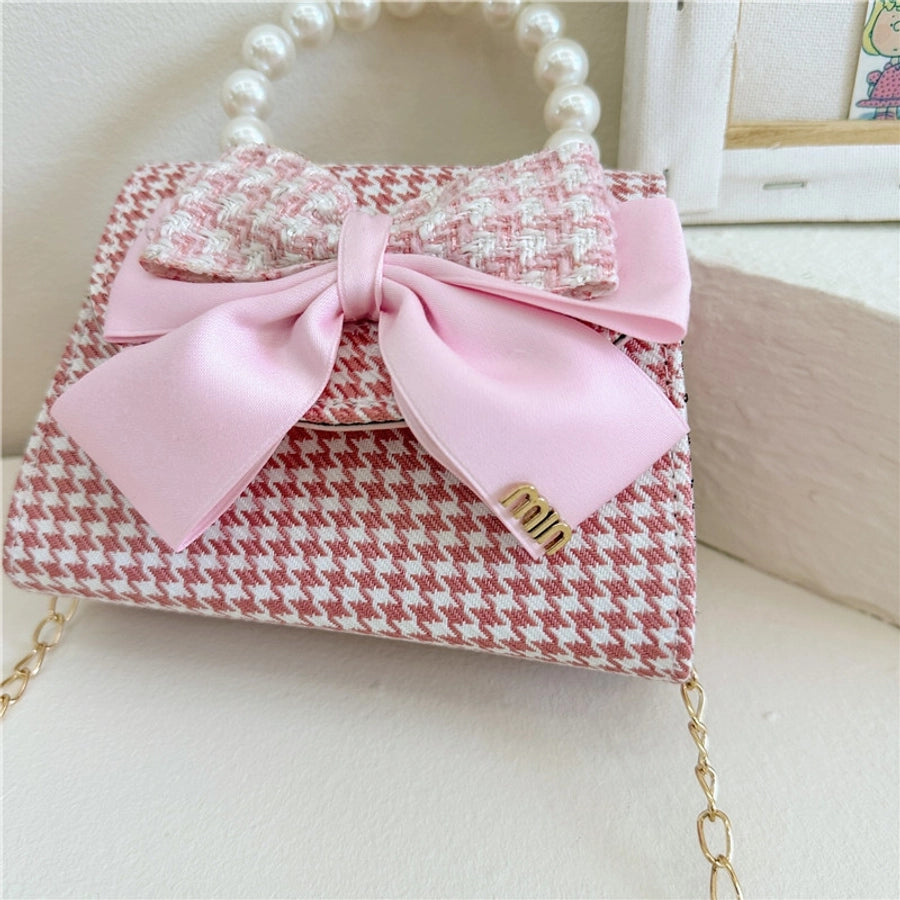 girl's pu leather houndstooth bow knot cute pearls sewing thread square magnetic buckle handbag