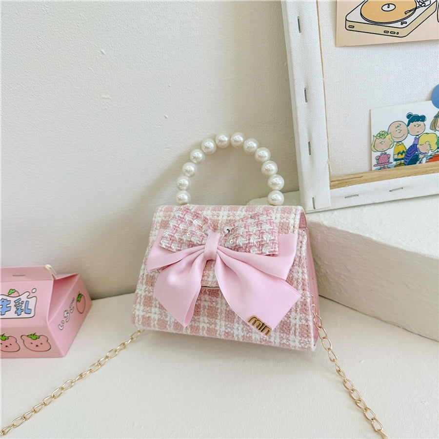 girl's pu leather houndstooth bow knot cute pearls sewing thread square magnetic buckle handbag