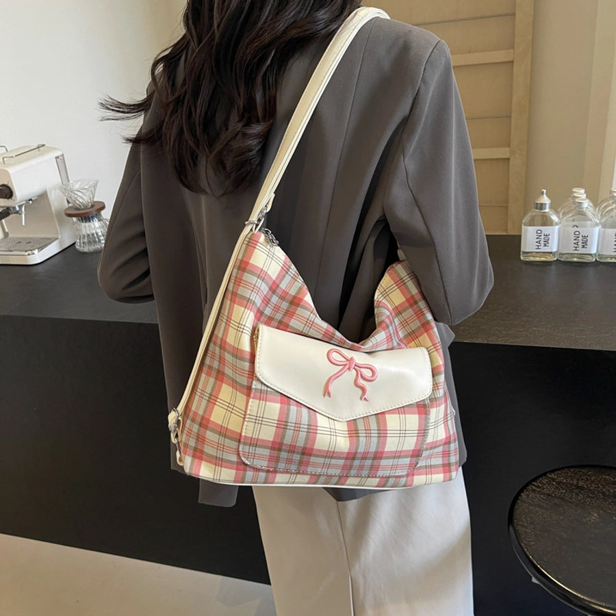 Women's Medium Pu Leather Plaid Bow Knot Vintage Style Classic Style Sewing Thread Square Zipper Tote Bag