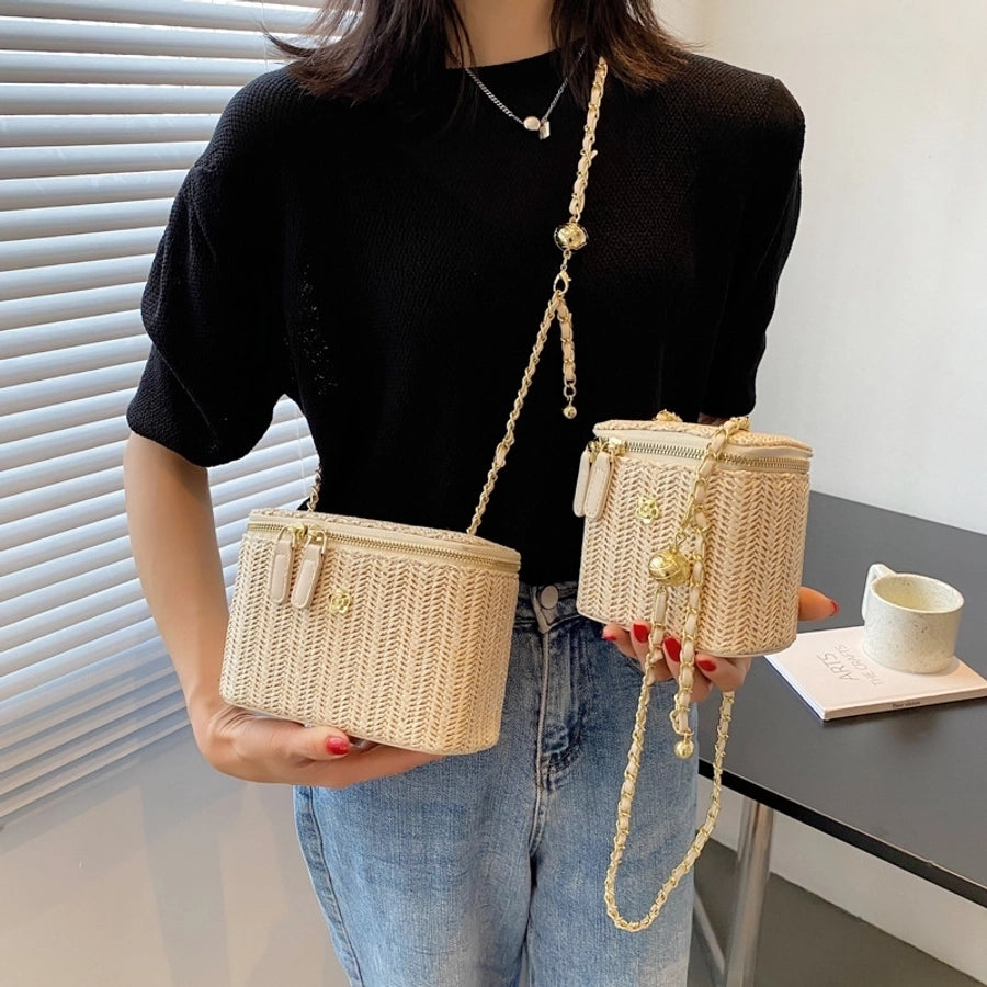 Women'S Straw Solid Color Vacation Zipper Straw Bag