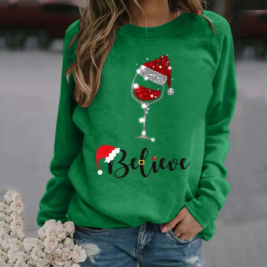 women's hoodie long sleeve hoodies & sweatshirts printing christmas christmas hat letter wine glass