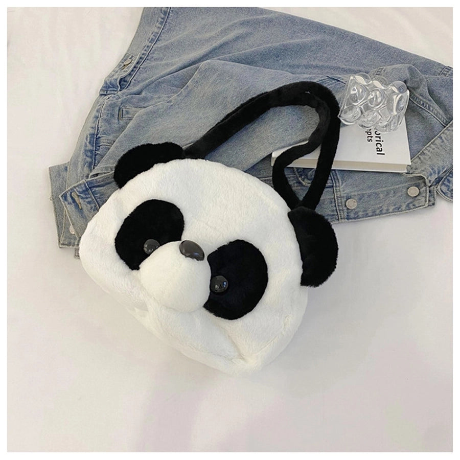 women's all seasons plush animal cute round zipper shoulder bag