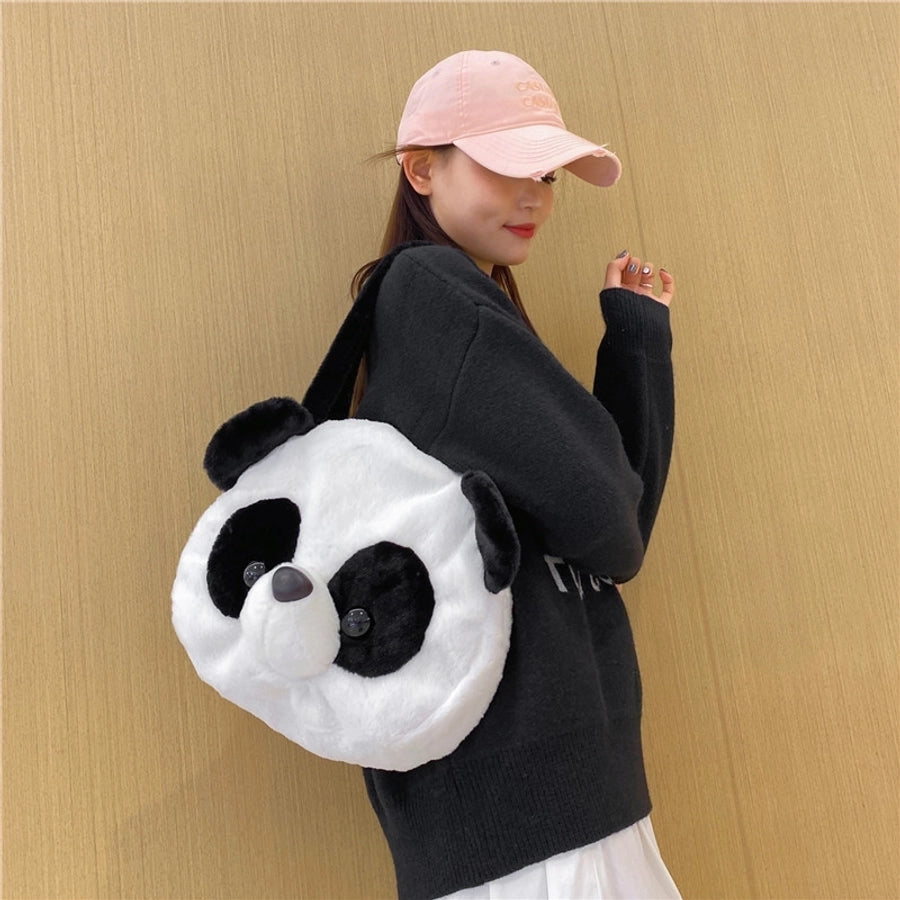 women's all seasons plush animal cute round zipper shoulder bag