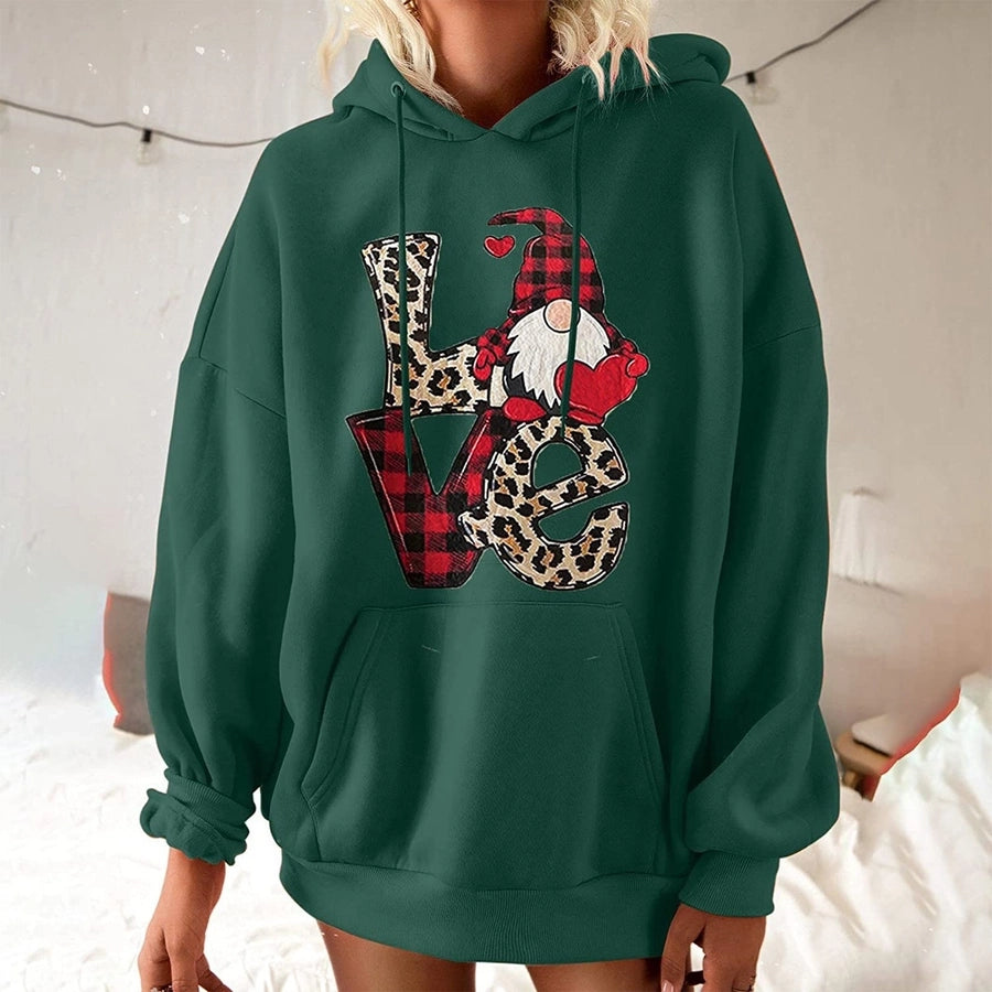 women's hoodies long sleeve printing pocket casual doll letter leopard