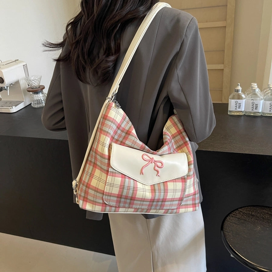 Women's Medium Pu Leather Plaid Bow Knot Vintage Style Classic Style Sewing Thread Square Zipper Tote Bag