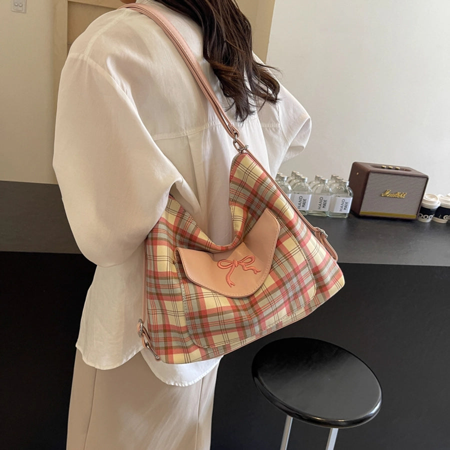 Women's Medium Pu Leather Plaid Bow Knot Vintage Style Classic Style Sewing Thread Square Zipper Tote Bag