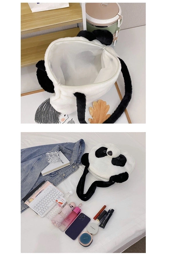 women's all seasons plush animal cute round zipper shoulder bag