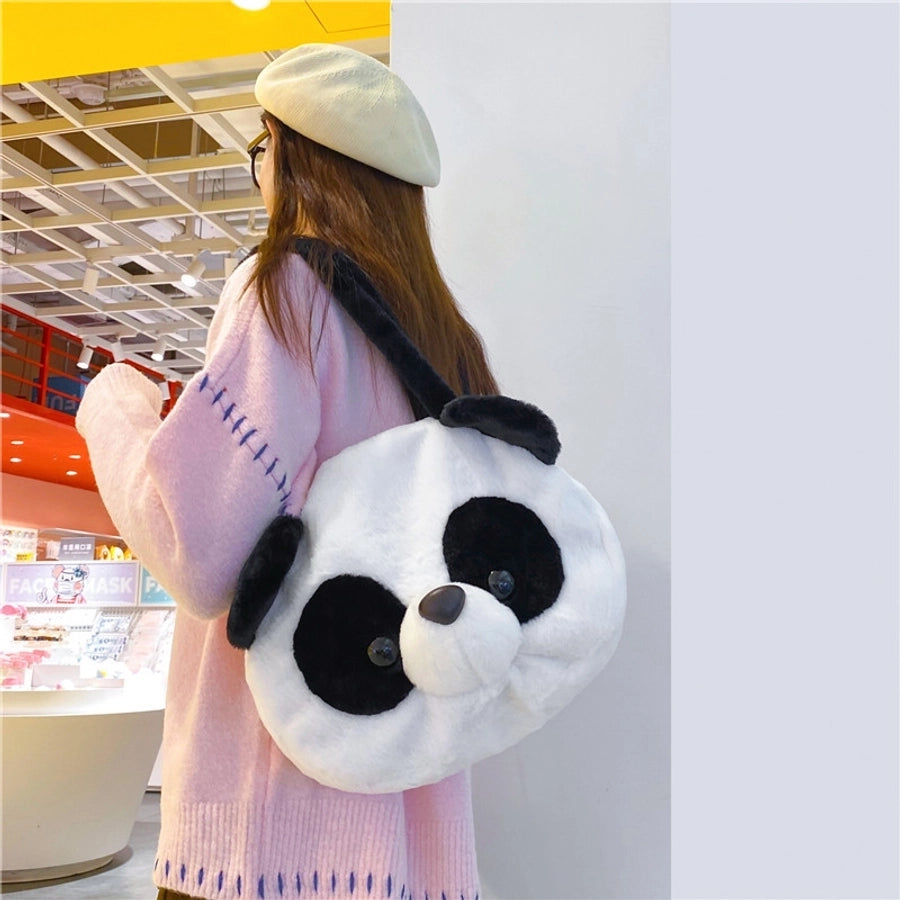 women's all seasons plush animal cute round zipper shoulder bag