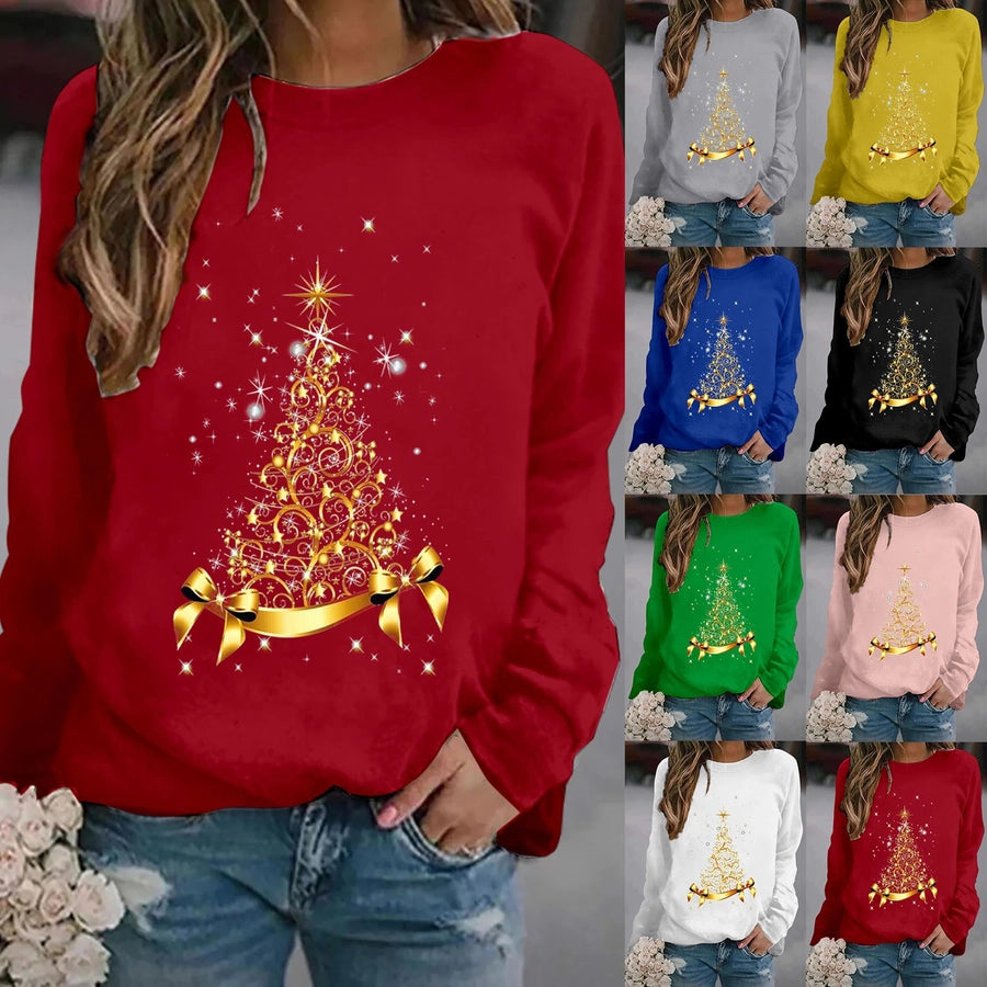 women's hoodies long sleeve thermal transfer printing casual christmas tree bow knot