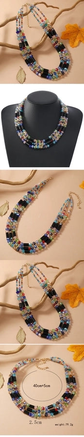 vacation colorful alloy glass beaded women's three layer necklace