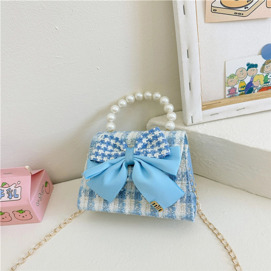 girl's pu leather houndstooth bow knot cute pearls sewing thread square magnetic buckle handbag