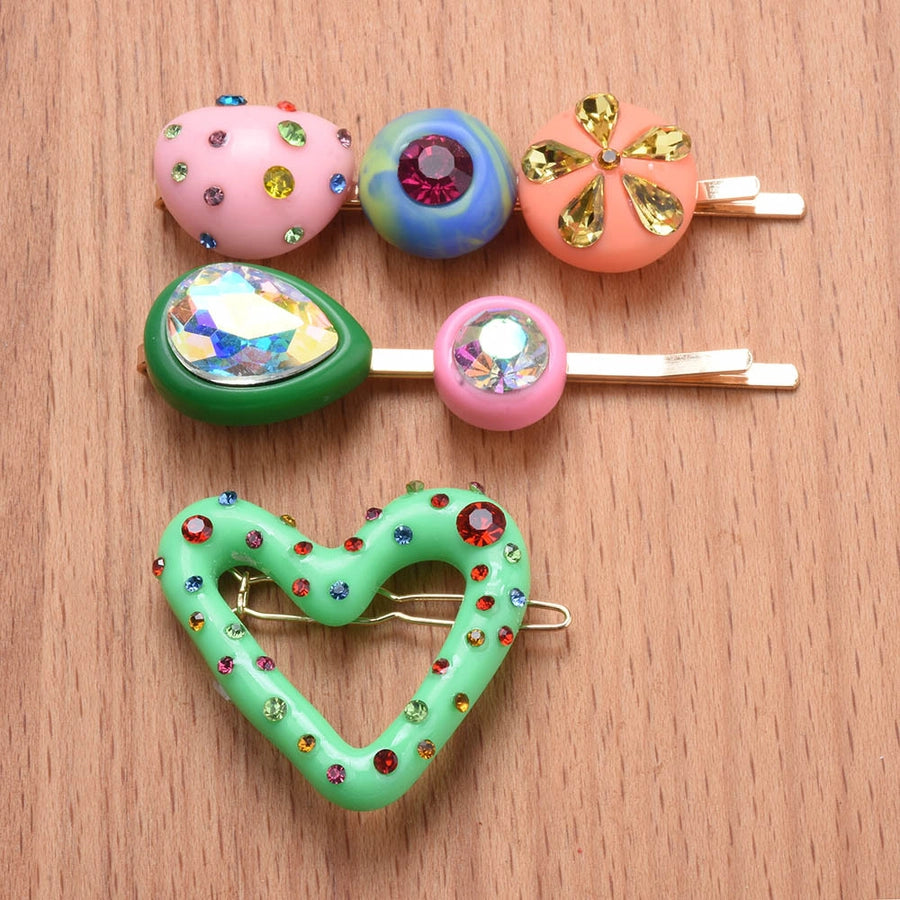 cute heart shape alloy resin plating inlay artificial diamond hair clip