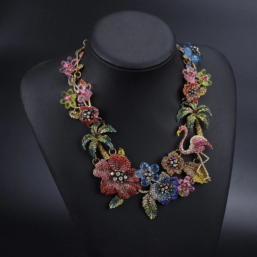 exaggerated luxurious coconut tree flamingo flower alloy inlay rhinestones women's necklace