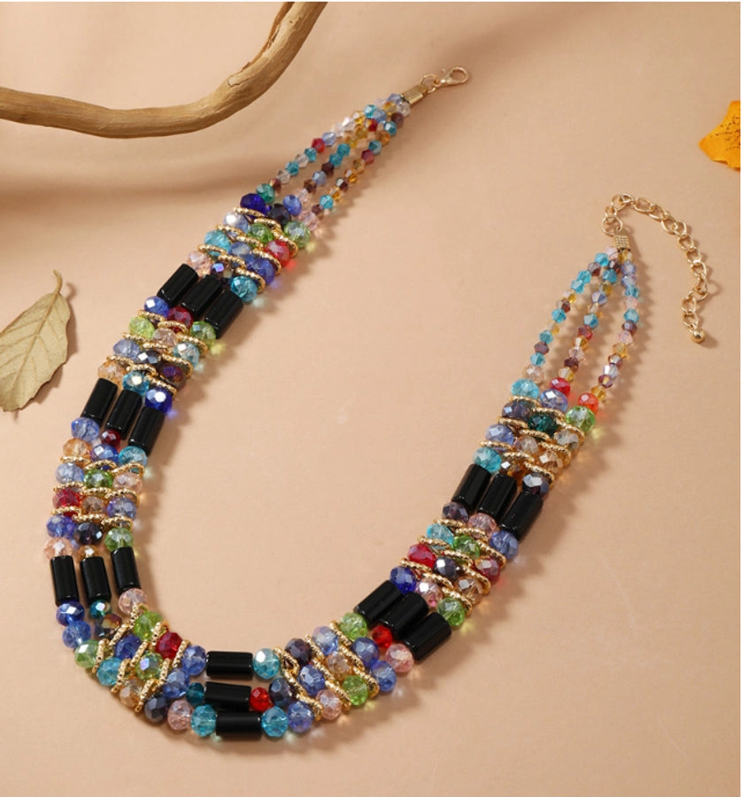 vacation colorful alloy glass beaded women's three layer necklace