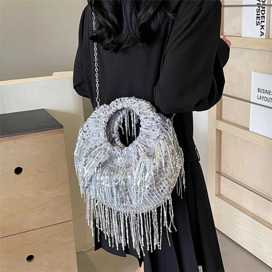 Women's Medium Tassel Solid Color Elegant Classic Style Sequins Pillow Shape Zipper Crossbody Bag