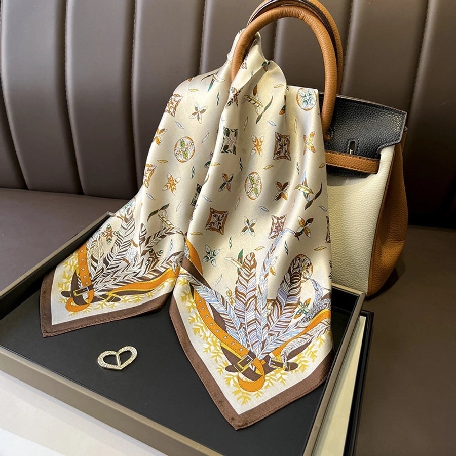 women's elegant simple style flower satin printing silk scarf