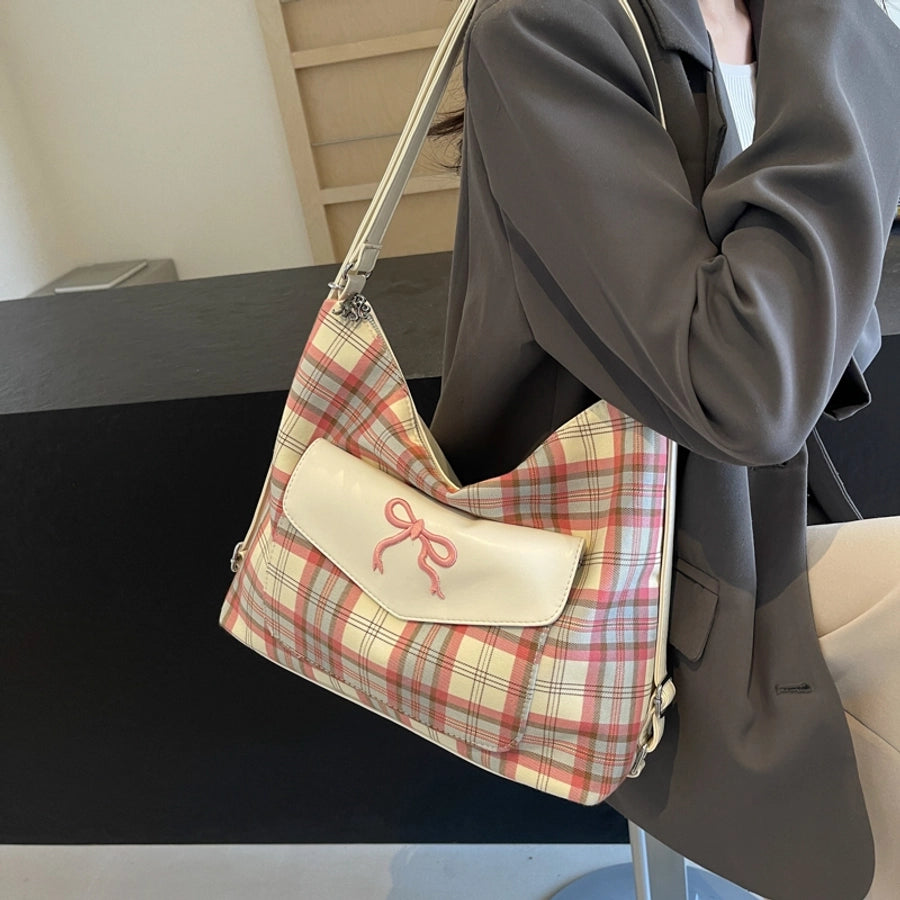 Women's Medium Pu Leather Plaid Bow Knot Vintage Style Classic Style Sewing Thread Square Zipper Tote Bag